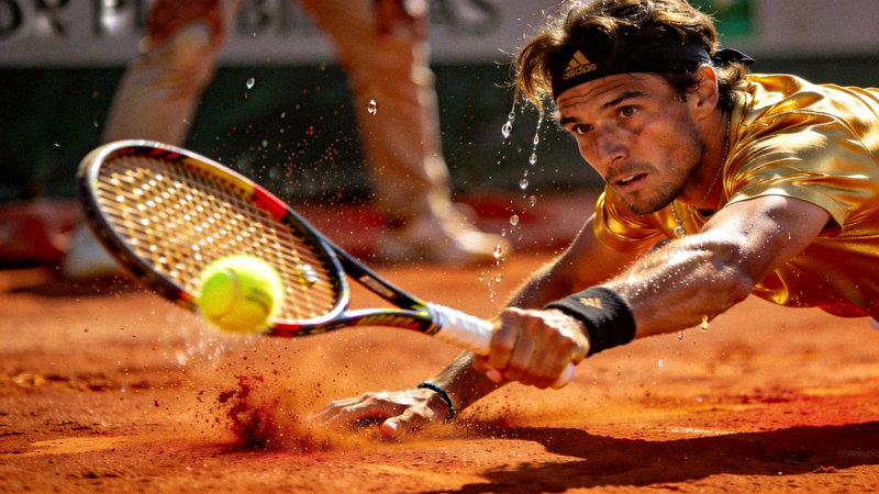 网球运动员在红土场上奋力挥拍击球，汗水与专注的神情